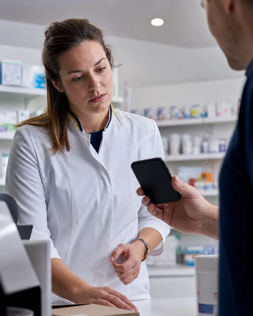 Farmaceutka przyjmuje kod e-recepty z telefonu pacjentki