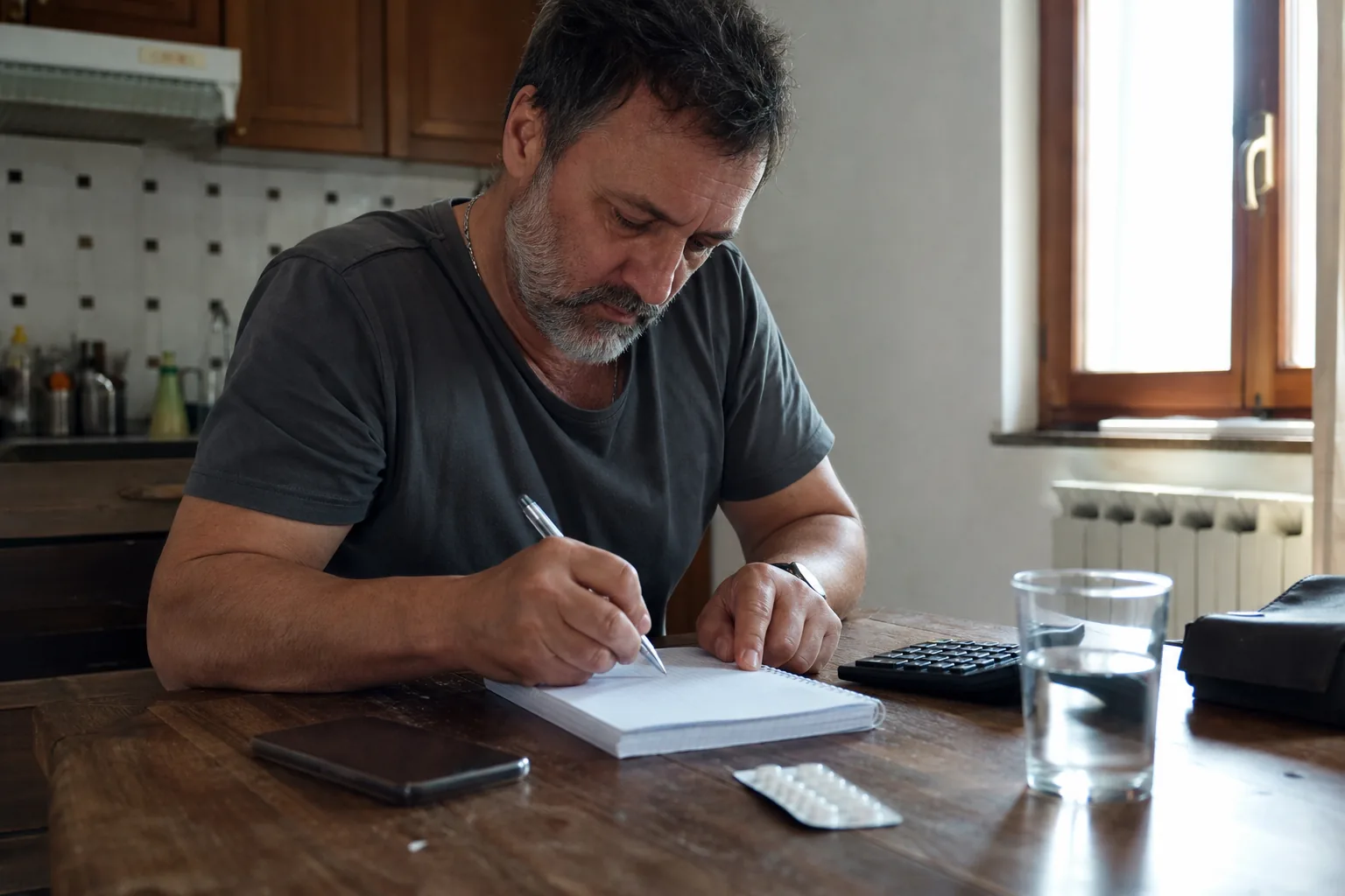 Mężczyzna przy stole w kuchni liczy miesięczny koszt leczenia z kalkulatorem