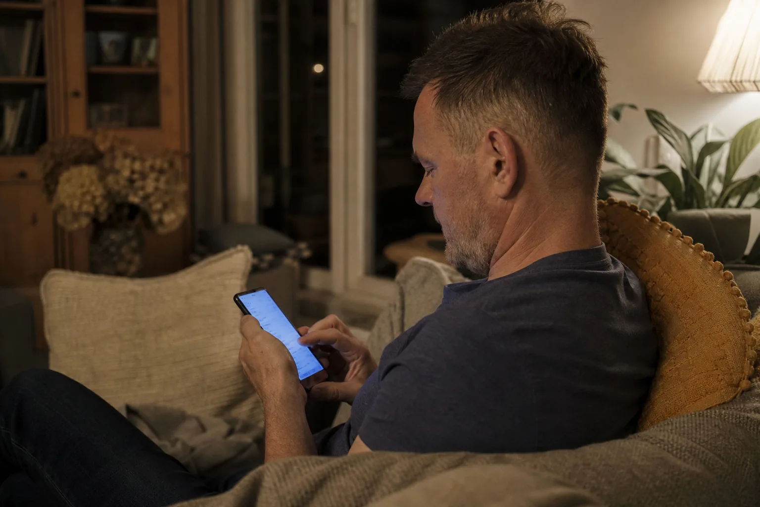 Mężczyzna wieczorem na kanapie pisze z lekarzem na czacie w telefonie