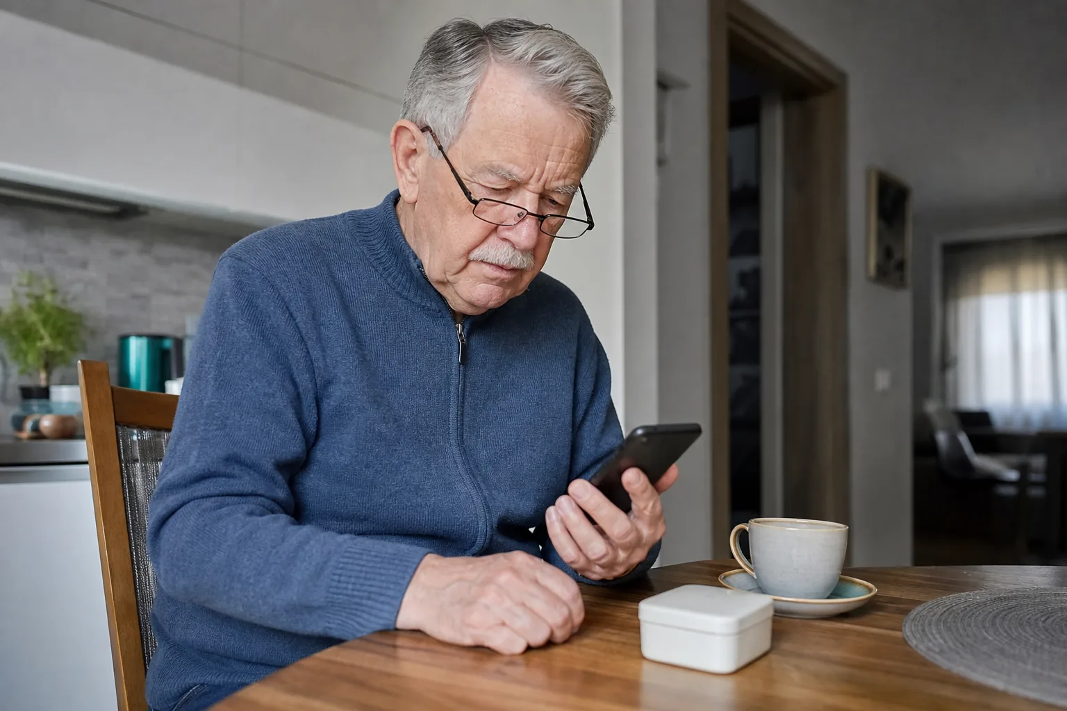 Senior przy stole kuchennym rozmawia z lekarzem przez telefon